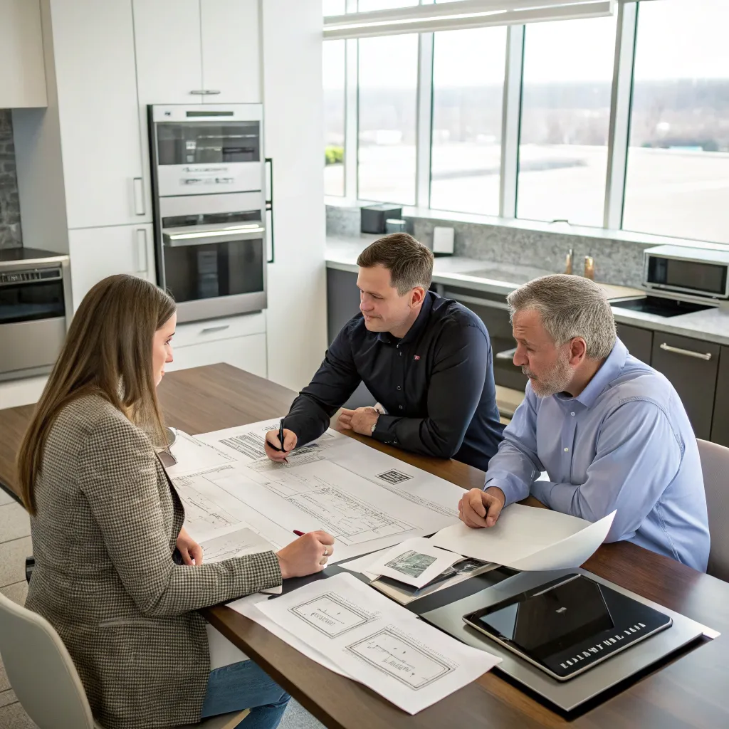 Business team discussing kitchen appliance designs